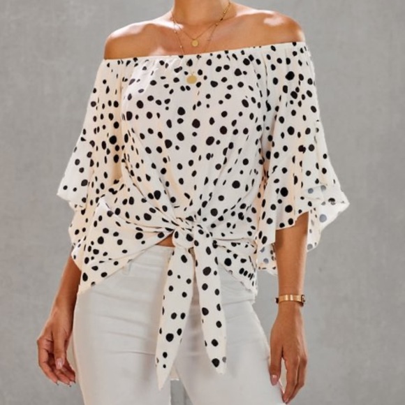 Tops - White Polka Dot Tie-Waist Off-Shoulder Top